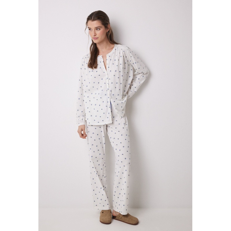 Long Pajamas 100% Cotton White Flowers