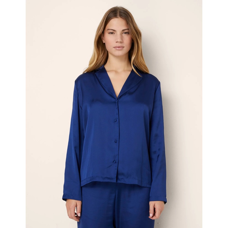Long Sleeve Jacket Cut Shirt in Dark Blue Satin