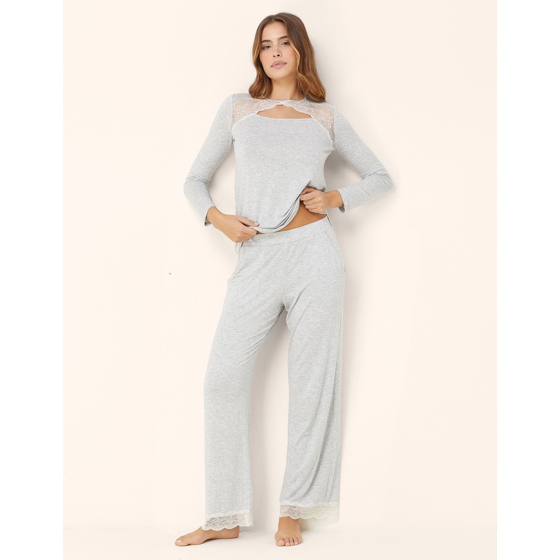 Long Trousers of Light Gray Pajamas in Tencel  Modal Stretch with Lace