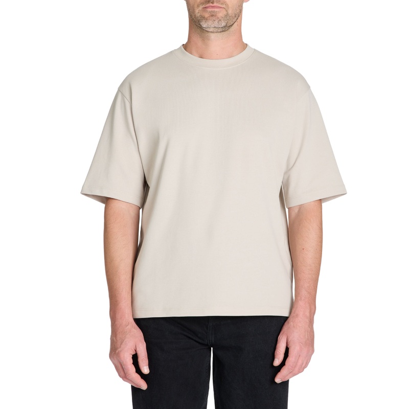 Oversized Crew Neck Cotton Blend T-Shirt - Beige