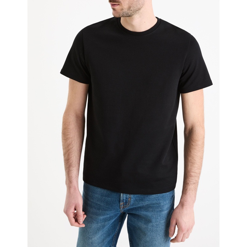 Straight Crew Neck Cotton Blend T-Shirt - Black