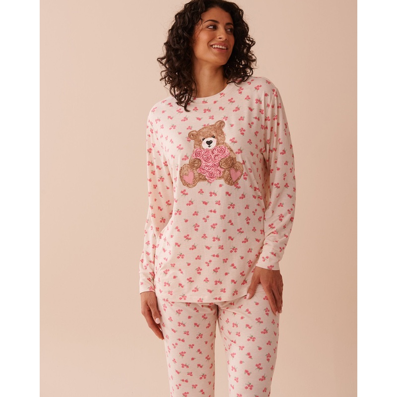 Teddy Bear and Rose Print Super Soft Long Sleeve S
