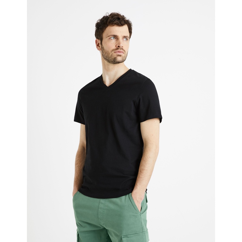 100% Cotton Straight V-Neck T-Shirt - Black
