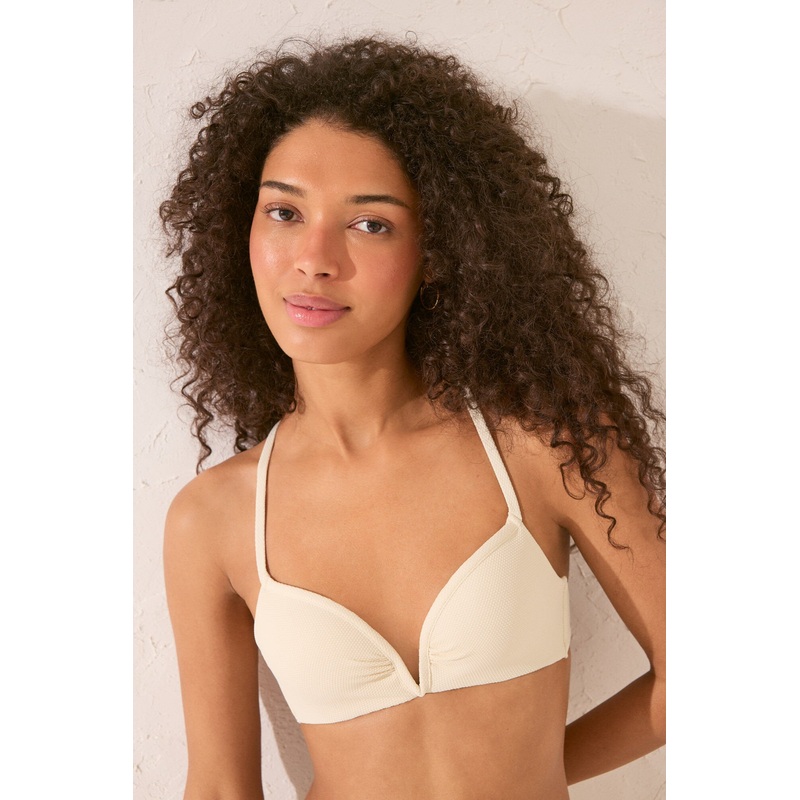 Cream White Textured Bikini Top