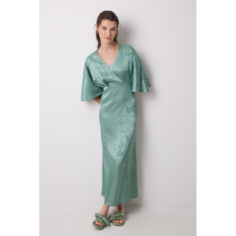Green Jacquard Satin Caftan Dress