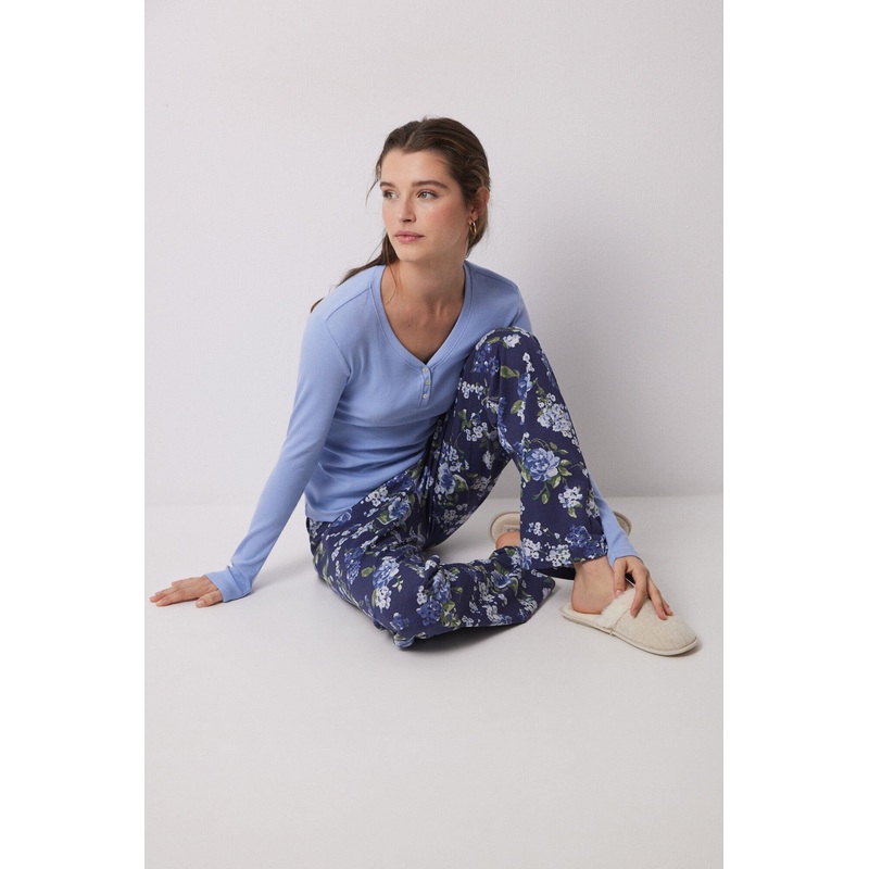 Lake Pajamas 100% Cotton Ribbed Blue Flowers