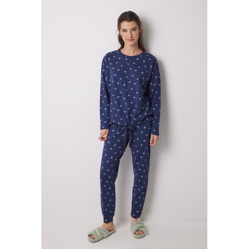 Long 100% Cotton Pajamas with Blue Flowers