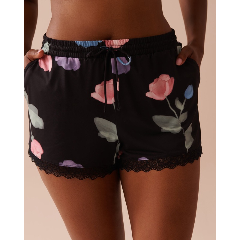 Tulip Print Lace Trim Shorts