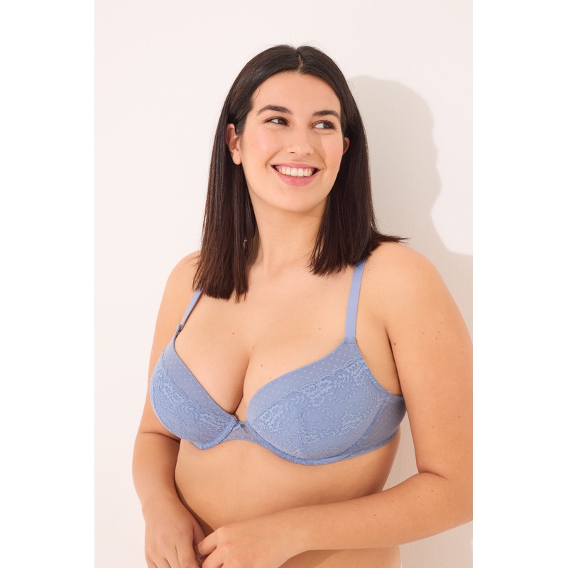 GORGEOUS Push Up Padding Bra Lace Tulle Plumetis Blue in Different Cup Sizes
