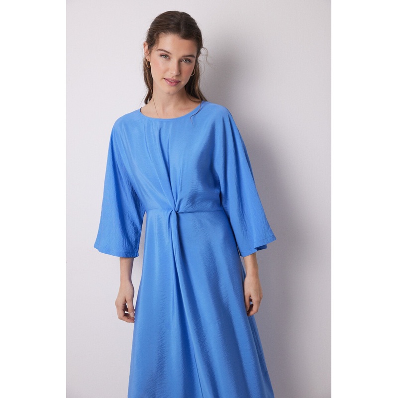 Blue Pleated Satin Caftan Dress