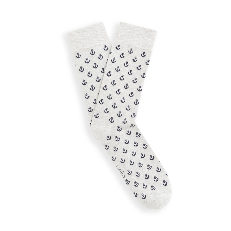 High Socks with Anchor Patterns - Mottled Grey