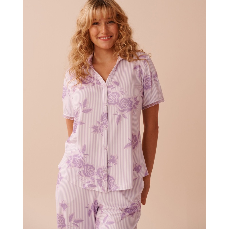 Lilac Rose Print Super Soft Button-Down Shirt
