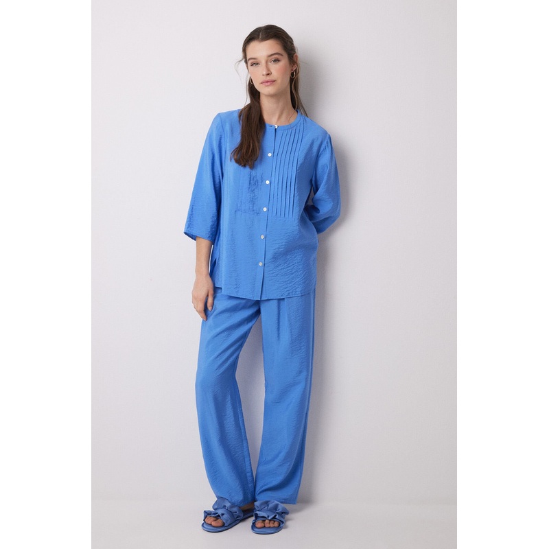 Long Blue Pleated Satin Pajama Shirt