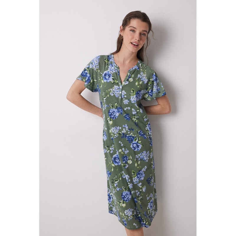 Midi Nightgown 100% Cotton Green Flowers