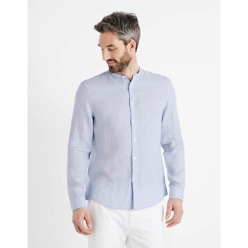 Regular-Fit 100% Linen Mandarin Collar Shirt - Sky Blue