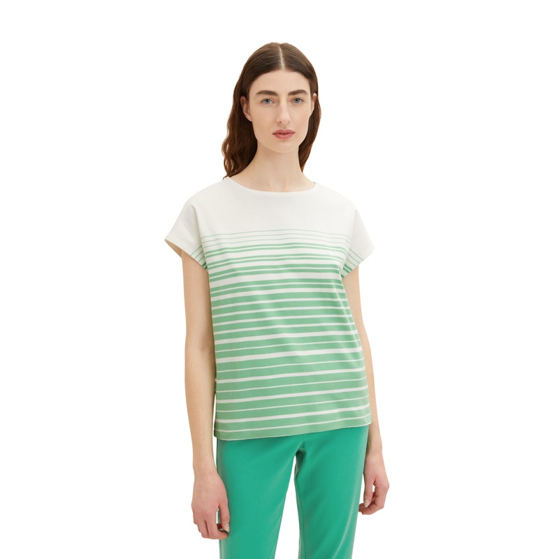 White Short Sleeve T-Shirt With Green Stripes