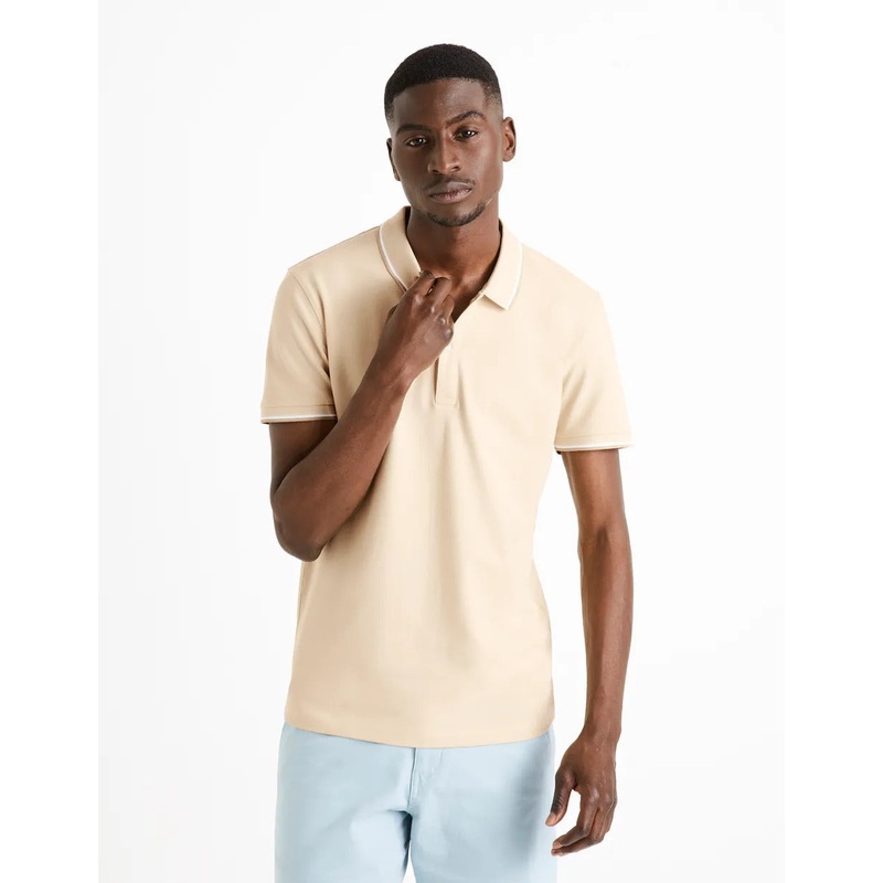 Cotton Elastane Piqu Polo Shirt - Beige
