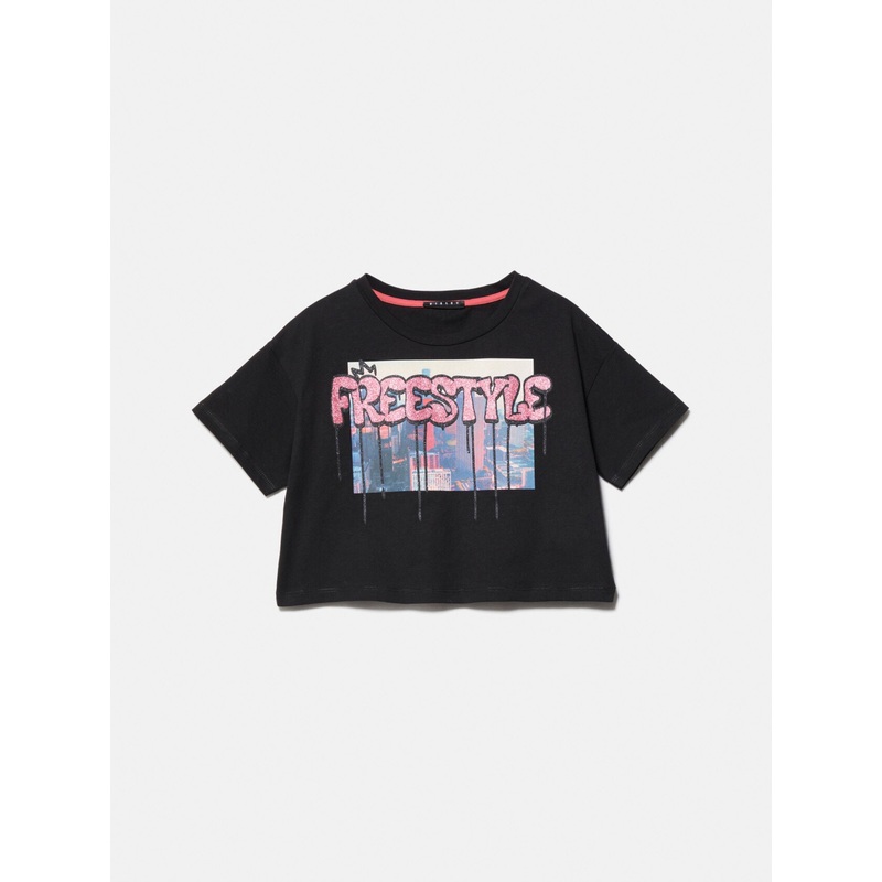 Boxy T-Shirt With Print And Glitter