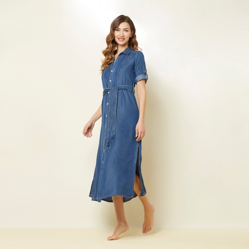 Denim Short Sleeve Midi Dress With Side Slits
